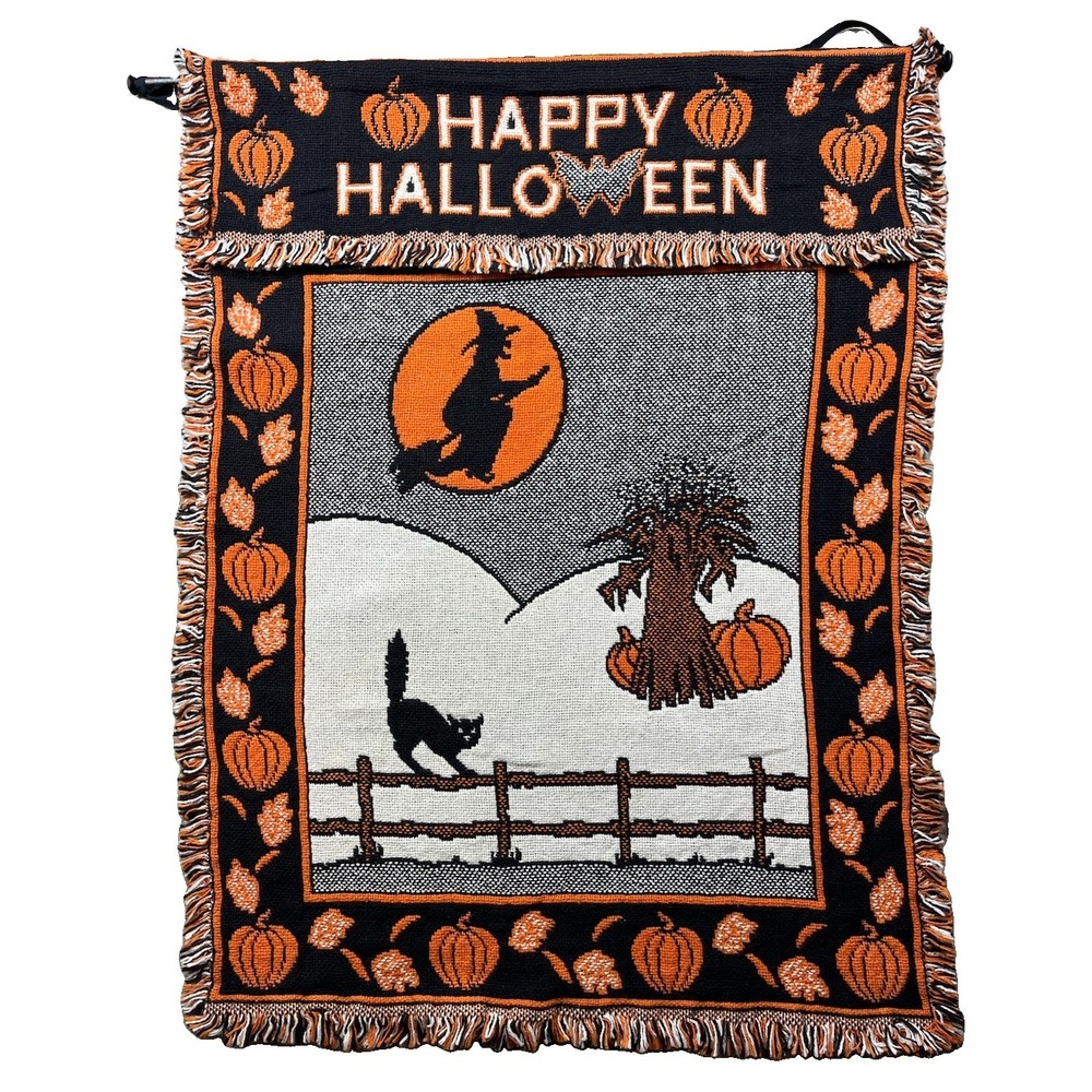 Vtg 90s HAPPY HALLOWEEN Tapestry Woven MWW Wall Hanging WITCH Moon Cat 1991 Rare
